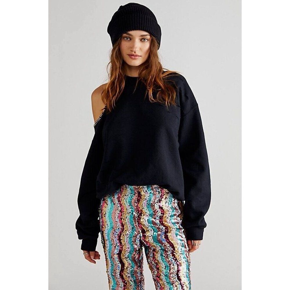 NWT FREE PEOPLE X TRICIA FIX Sz S CUTOUT SWEATSHIRT IN BLACK - Picture 2 of 5
